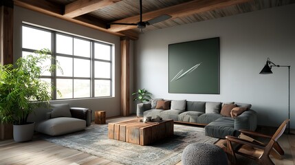 Cozy and Inviting Farmhouse Inspired Living Space with Distressed Wood Ceiling Beams Plush Area Rug Rustic Furnishings and Vintage Industrial Decor Elements Creating a Warm and Welcoming Ambiance