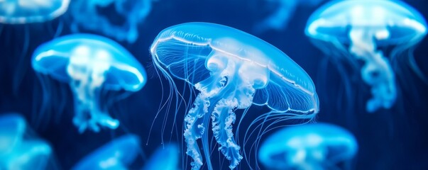Naklejka premium Ethereal Blue Jellyfish Gliding Gracefully in Deep Ocean Waters
