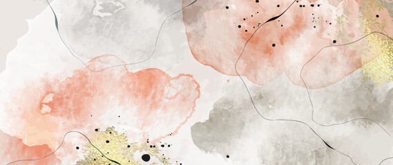 Watercolor art background vector. Wallpaper design with paint brush Earth tone watercolor, gold line and gold foil texture. Illustration for prints, wall art, cover and invitation cards.