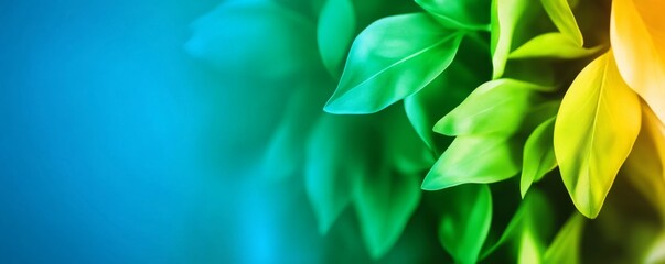Fototapeta premium Vibrant Green and Yellow Leaves Against a Soft Blue Background