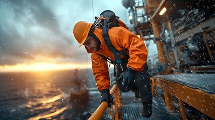 Engineer Carefully Ascending Internal Ladder of Offshore Oil Platform Securely Fastened with Safety Harness and Wearing Full Protective Suit