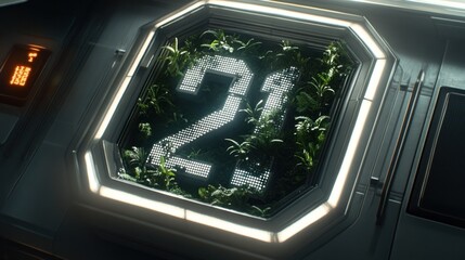 Futuristic number 21 embedded in greenery within a metallic frame.