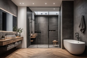 Modern bathroom interior with bathtub shower and sink in a luxury home