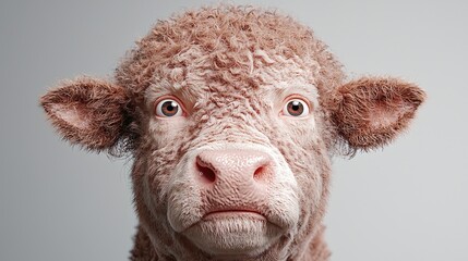 Fototapeta premium Fluffy light brown bull portrait, studio shot, neutral background, for farming ads