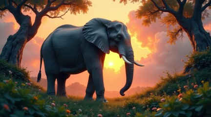 Fototapeta premium Majestic Elephant Silhouette at Sunset, Walking Through Lush Green Vegetation Underneath Ancient Trees