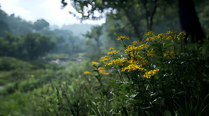 Yellow Wildflowers in a Misty Green Forest