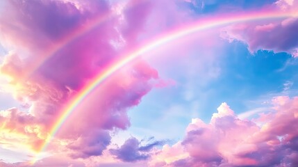 Vibrant Rainbow Over Soft Pink and Blue Sky Filled with Clouds