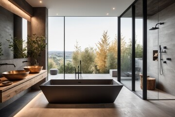 Modern bathroom interior with white bathtub, shower and sink in a cozy home