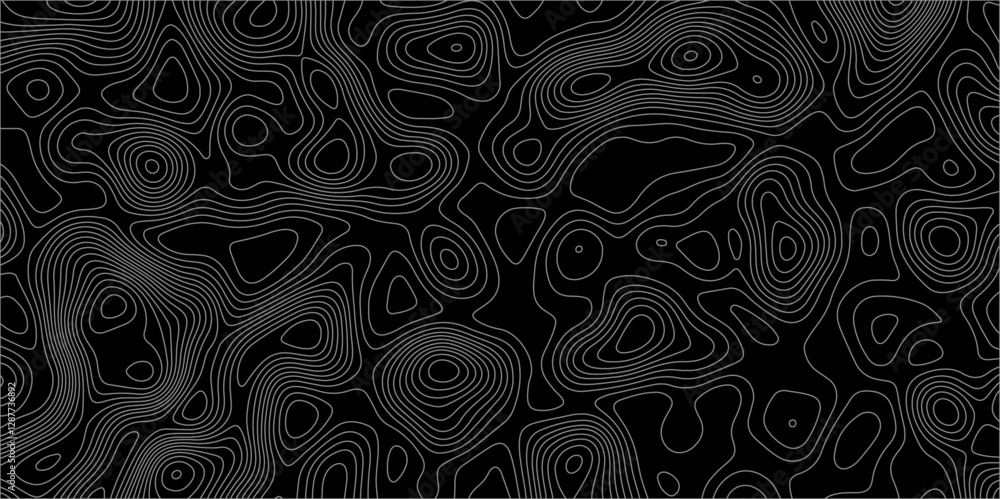 Poster abstract white on black background with topographic line map pattern. abstract wavy and curved lines