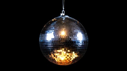 disco ball with mirror surface and bright rays, hanging on ceiling, night party background
