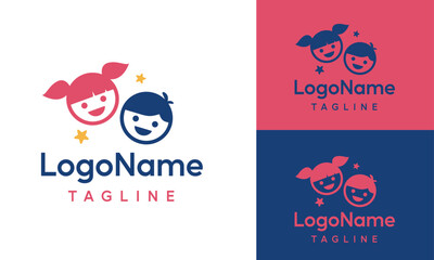 Children's Playful Pink and Blue Logo Illustration Vector Design