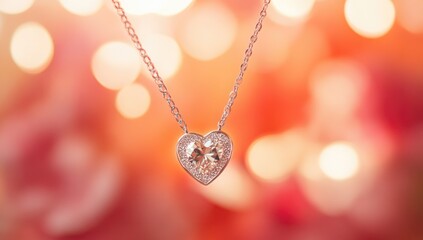 Fototapeta premium A heart-shaped diamond necklace, hanging on an elegant chain, is set against a blurred background of soft pink and orange hues