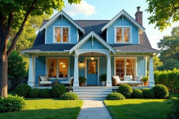 Charming Blue Suburban House with Front Porch and Lush Landscaping
