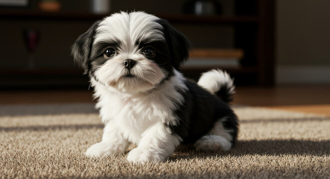Adorable shih tzu puppy with striking black and white fur - Powered by Adobe