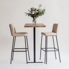 A high bar table with two tall chairs, a simple and elegant style, black metal legs, a light wood top, beige leather seat cushions on the chair backrests