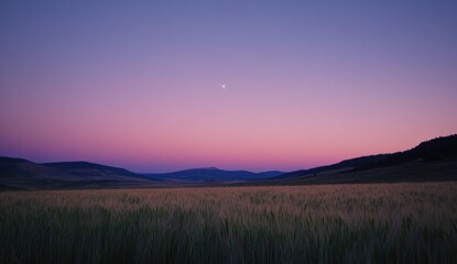 Obraz premium A wide shot of the sky at dusk, with hues ranging from purple to pink and orange, set against an open field landscape.