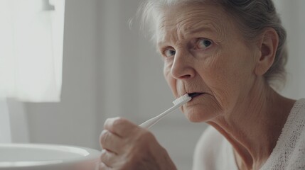Dementia symptoms in an elderly woman forgetting to perform basic hygiene tasks. Featuring confusion and anxiety