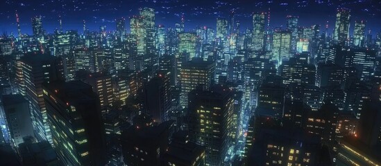 A wide-angle shot of an extremely tall city skyline at night, with neon lights and skyscrapers featuring numerous buildings