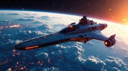 Obraz premium A Futuristic Spaceship Soaring Above a Planet's Cloud Cover at Sunset, Illuminating the Night Lights Below