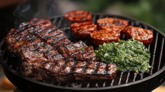 Argentinian asado, a sizzling mixed grill with steak, chorizo, ribs, and chimichurri sauce.