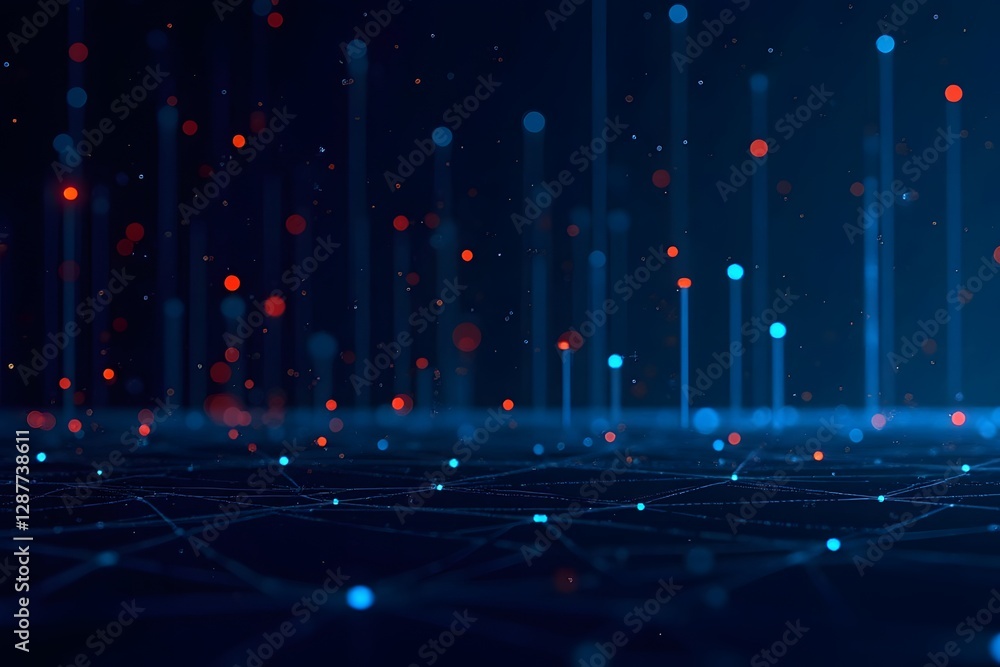 Poster abstract digital data visualization with red and blue dots on a dark background