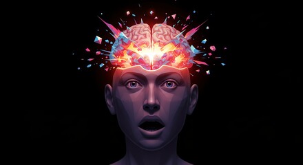 Surprised person with exploding brain and geometric shards