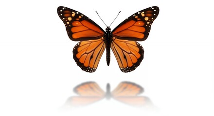 Obraz premium Monarch butterfly displaying its wings and reflection on white background