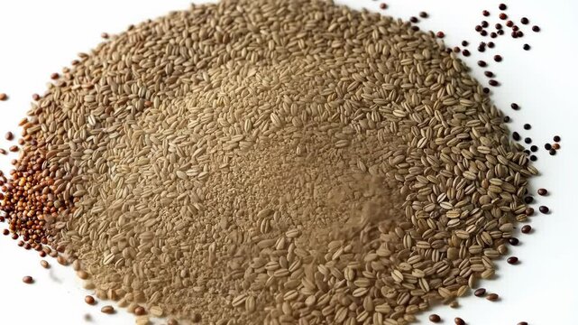 Cumin and coriander seeds arranged on a white surface showcasing their earthy tones and textures