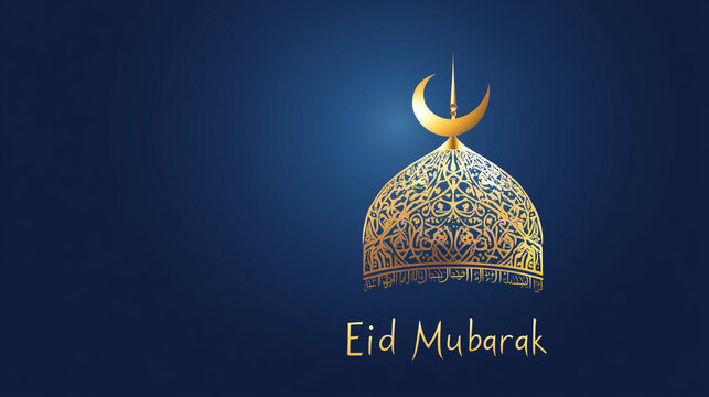 Eid mubarak illustration with golden mosque on dark blue background. Ramadan greeting card, islamic festival celebration.