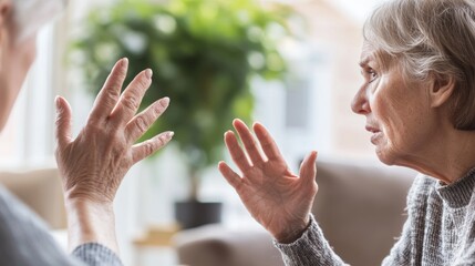 Dementia symptoms in an elderly woman having trouble communicating. Featuring frustration and confusion