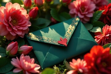 Elegant Green Envelope Adorned with Gold Filigree and a Red Heart Nestled Amongst Blooming Flowers