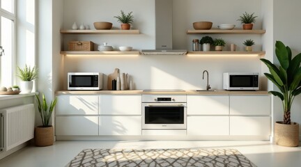 Modern minimalist kitchen design with built-in appliances and wooden shelving