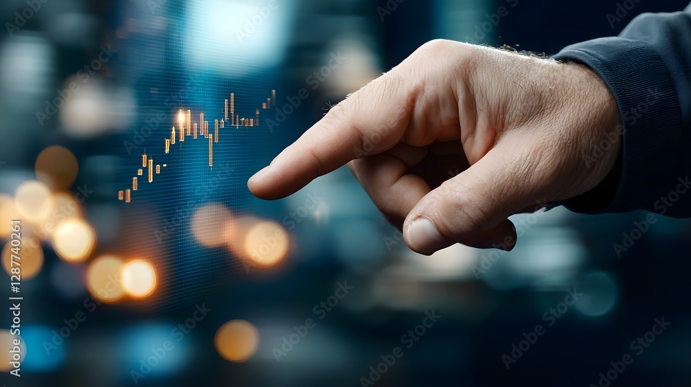 Poster futuristic hand interacting with glowing holographic interface displaying real time market data and 