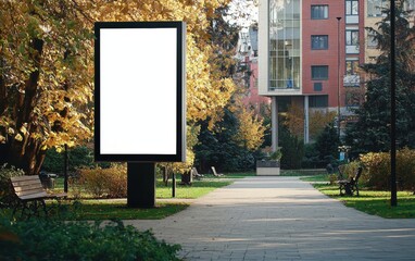 White advertising panel in university campus; vertical blank digital OOH board