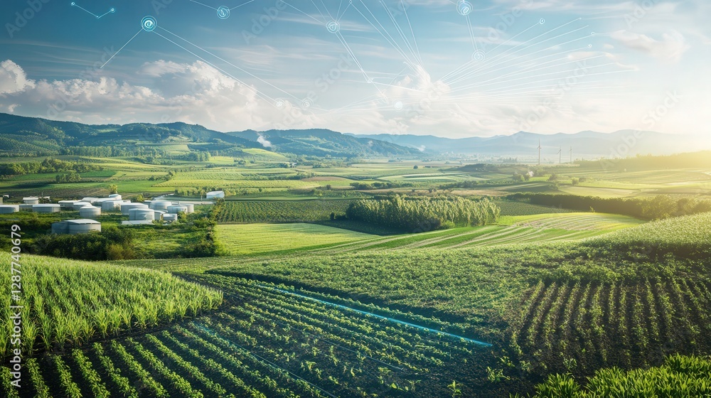 Poster farming process where ai controls weather patterns, water flow, and crop care, creating a sustainabl