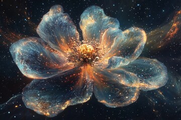 Cosmic flower blooms in vibrant colors against a starry galaxy background