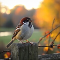 Fototapeta premium Sparrow rests on fence post in Autumn foliage background, for nature stock photos