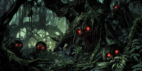 Pixelated dark forest with glowing red eyes in the dark of night