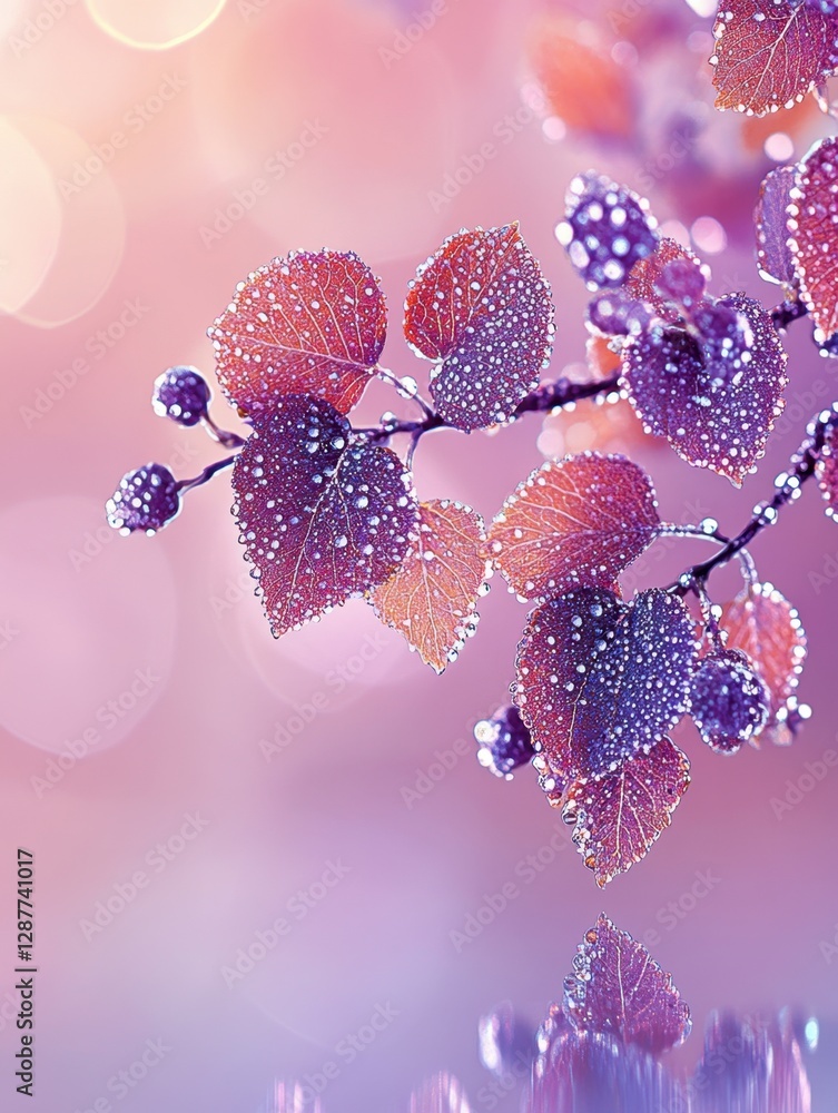 Poster enchanting branch adorned with dew drops reflecting in water on a soft pink background creating a dr