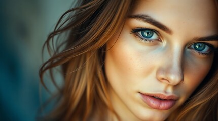 Naklejka premium Young woman with striking features and intense gaze posing for close-up portrait with soft background