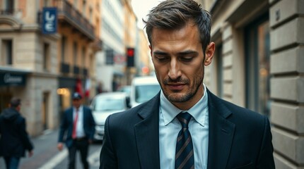 Young businessman with serious expression walking in urban environment while looking down