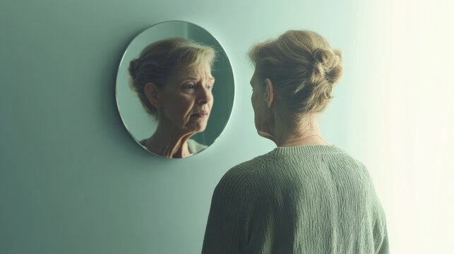 Dementia symptoms in an elderly woman struggling to recognize familiar objects. Featuring confusion and anxiety