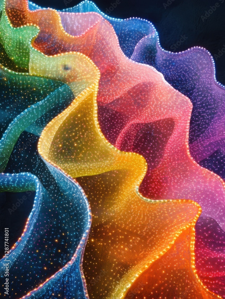 Poster vibrant light wave abstract background with a swirling pattern of colorful illuminated mesh fabric