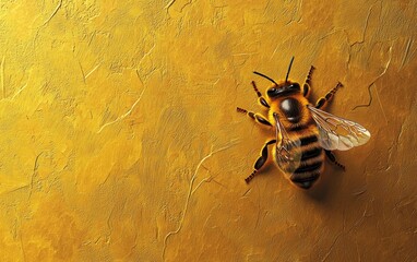 Bee on a honey gold 3D background minimalistic mockup with space for text