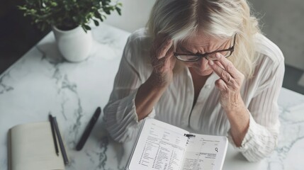 Dementia symptoms in an elderly woman struggling to remember routine activities. Featuring frustration and confusion