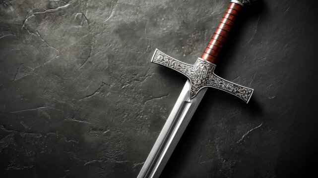 Intricately designed sword resting on a dark textured surface highlighting craftsmanship and detail