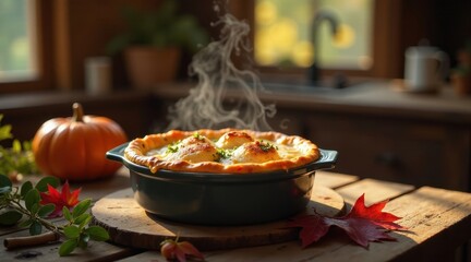 Warm autumnal baked dish with golden crust and creamy filling, steaming gently on rustic wooden table with fall foliage