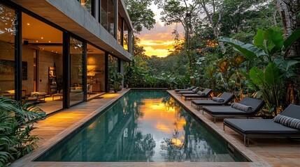 Fototapeta premium Modern house with pool at sunset, luxury living, for vacation rentals and real estate