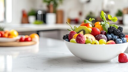Fresh and Colorful Fruit Bowl on Marble Kitchen Counter