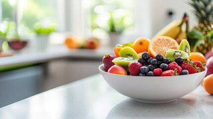 Fresh and Colorful Fruits in a Bowl on a Modern Kitchen Countertop